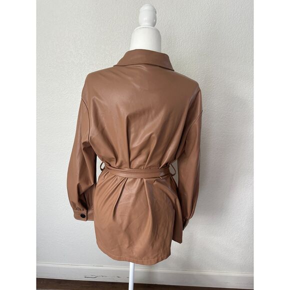 ZARA Vegan Leather Jacket Camel Short Trench Coat Size Medium - Picture 7 of 11